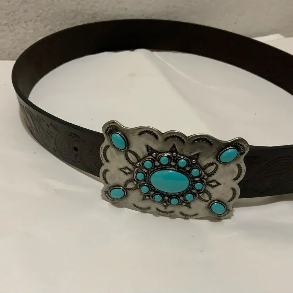 Unbranded embossed leather belt with silvertone and turquoise buckle 43” long